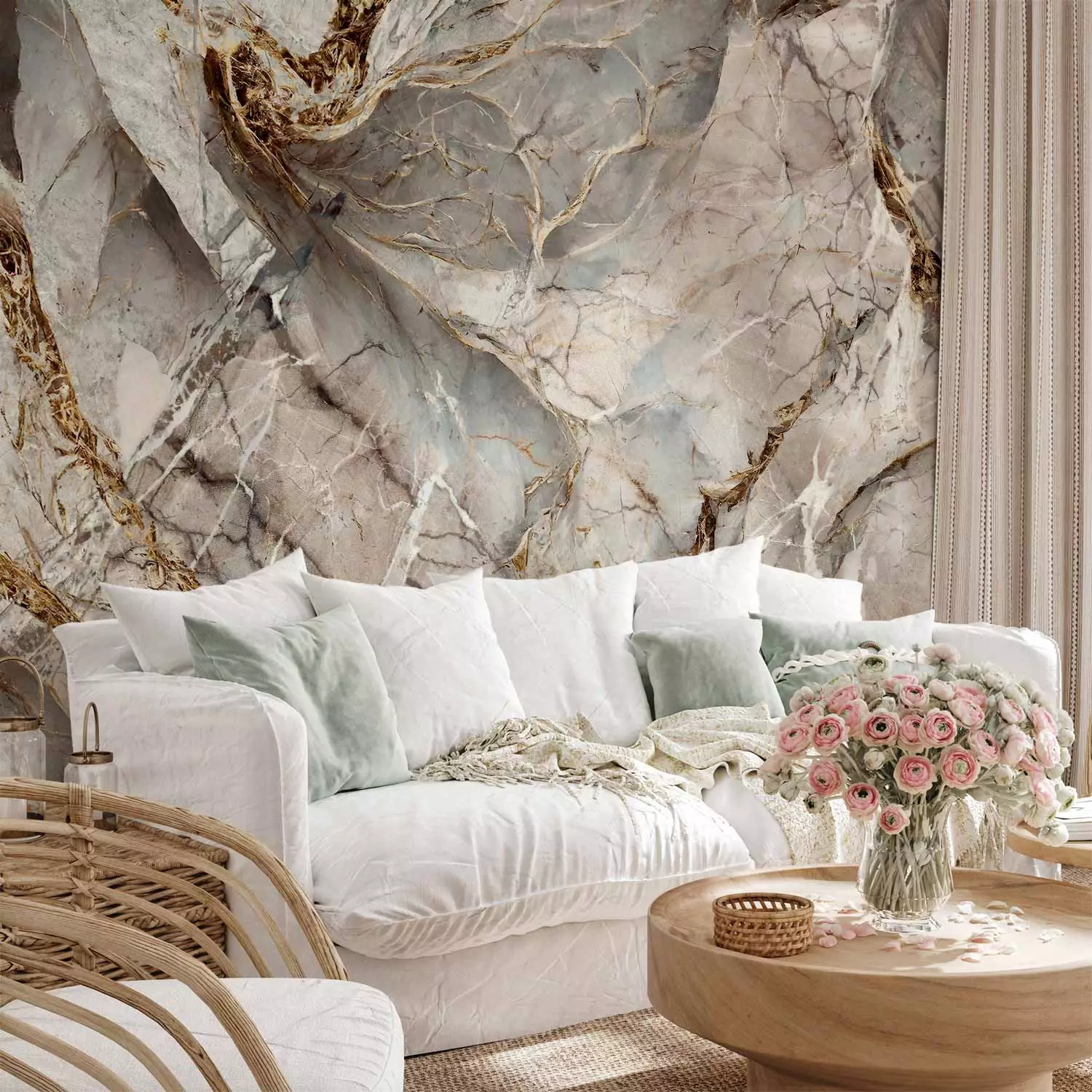 Luxury marble wallpaper installation in bedroom